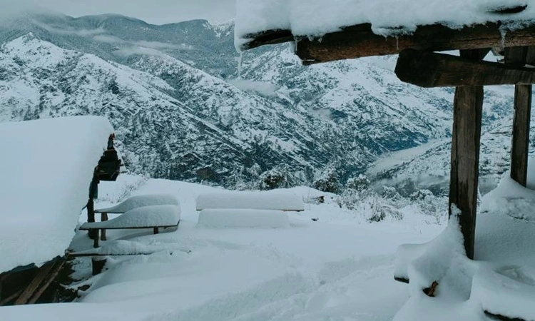 View of snow covered mountains and valleys at chopta tungnath